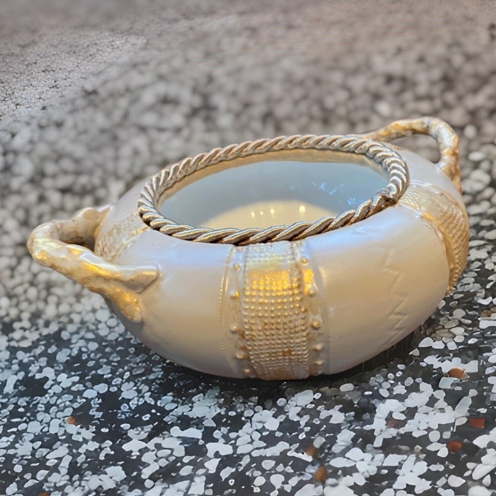 Vintage Beige & Gold Ceramic Bowl w/ Handles – Upcycled Floral Accent Piece